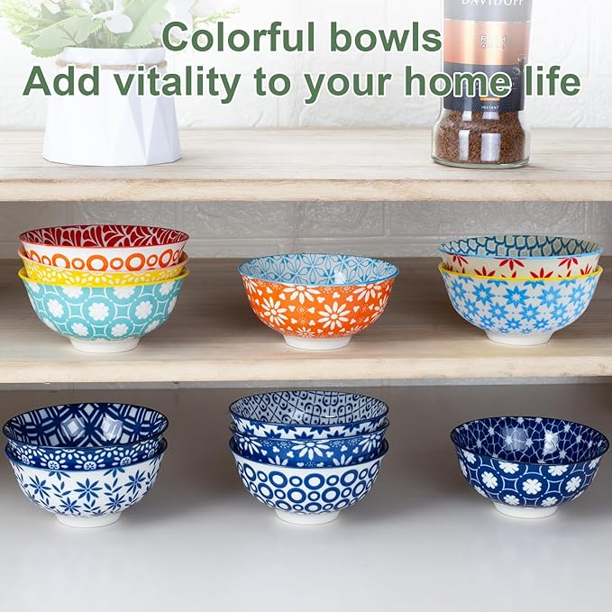 AntoKueh Colorful Ceramic Bowls 10oz, 4.7in small cereal bowl Set of 6 for ice cream, Dessert, Porcelain bowl for Dipping, Sauce, Dishwasher/Microwave safe