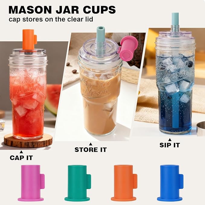 ANOTION Bamboo Mason 24oz Glass Tumbler with Straw Leakproof Lid, Cap Cup Mason Jar 4 Color Caps, Self-Assembly Leak-Proof Lid Straw, Reusable Iced Coffee Cup, Mason Jar Drinking Glass Coffee Gifts