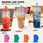 ANOTION Bamboo Mason 24oz Glass Tumbler with Straw Leakproof Lid, Cap Cup Mason Jar 4 Color Caps, Self-Assembly Leak-Proof Lid Straw, Reusable Iced Coffee Cup, Mason Jar Drinking Glass Coffee Gifts