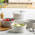 28 Oz Cereal Bowls Set with Lids, Ceramic Salad Bowls for Kitchen, Preparing, Camping, Office Lunch, 6 Inch Kitchen Food Storage Containers with Airtight Lids set of 4, Housewarming Present, Beige