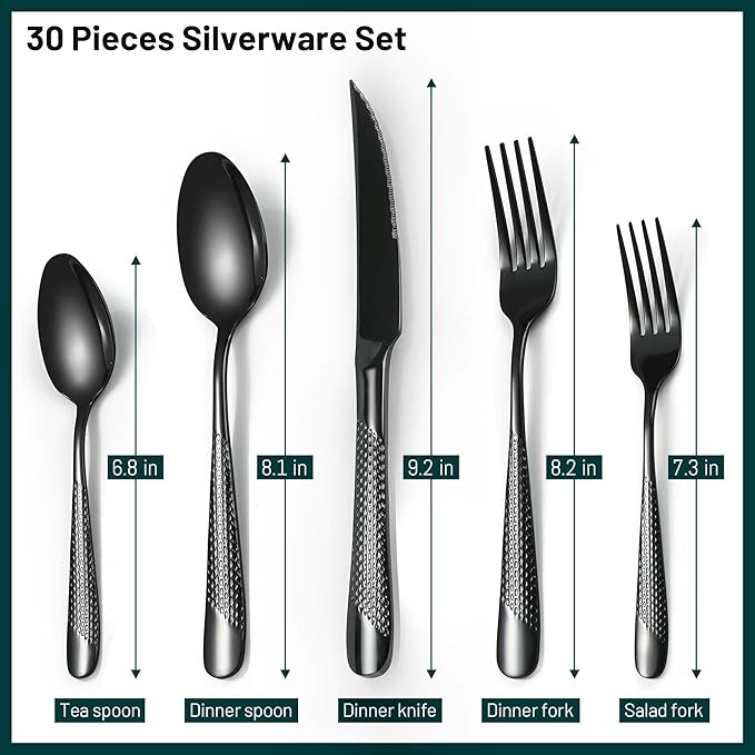 Black Silverware Set, PUREAIN 30 Pieces Black Hammered Flatware Set for 6, Mirror Polished Stainless Steel Cutlery Set for Home, Kitchen, Restaurant and Hotel, Dishwasher Safe