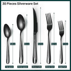 Black Silverware Set, PUREAIN 30 Pieces Black Hammered Flatware Set for 6, Mirror Polished Stainless Steel Cutlery Set for Home, Kitchen, Restaurant and Hotel, Dishwasher Safe