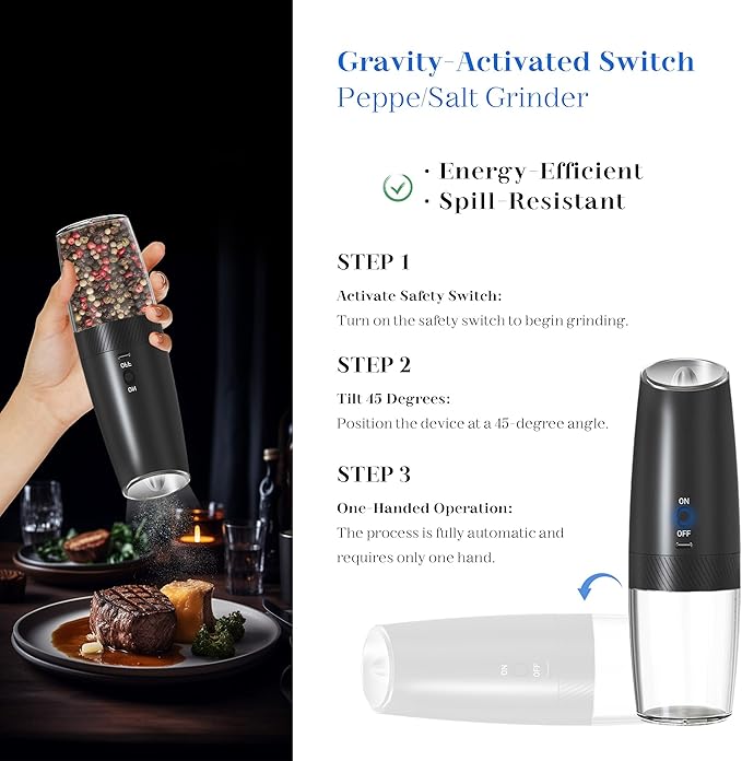 Rechargeable Electric Salt and Pepper Grinder Set, Gravity Activated, Adjustable Coarseness, LED Light, USB Charging, Ceramic Core, 150ml Transparent Hopper, Black