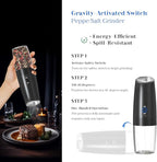 Rechargeable Electric Salt and Pepper Grinder Set, Gravity Activated, Adjustable Coarseness, LED Light, USB Charging, Ceramic Core, 150ml Transparent Hopper, Black