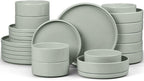 E-far Dinnerware Sets with Pasta Bowls, 24-Piece Stoneware Plates and Bowls Sets for 6 | Microwave & Dishwasher Safe Kitchen Modern Dish Set, Speckled Green
