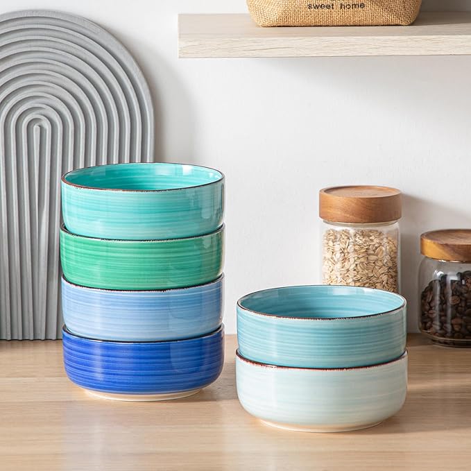 vancasso Bonita Cereal Bowl Set of 6, 24 Oz Ceramic Bowls for Kitchen, Dishwasher & Microwave Safe Bowls for Soup, Cereal, Dessert, Fruit, Blue Colored Bowl Set