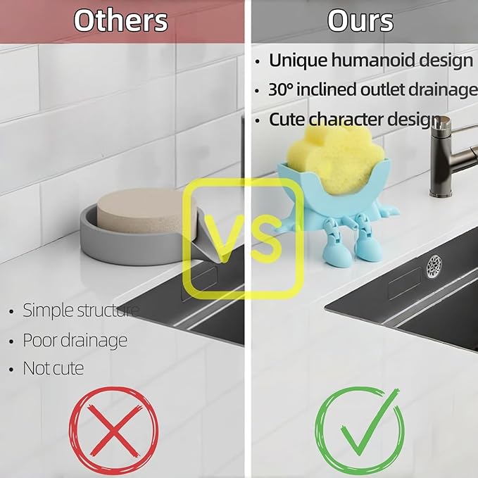 Smiley Face Sponge Holder – Sponge Holder for Kitchen Sink Hanging, Funny Sponge Holder, No Tools Installation, Spac-Saving & Quick Drying Sponge Storage Organizer (Blue)