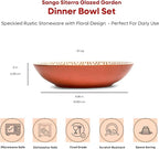 Sango 4-Piece Speckled Stoneware Pasta Bowl Set- Wide Shallow Dinner Bowls with Hand-Painted Rustic Design, Farmhouse Glossy Large Ceramic Bowls for Pasta, Salad & Everyday Meal, Siterra Glazed Garden