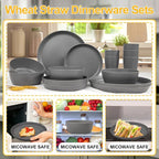 EI 24pcs Wheat Straw Dinnerware Set,Dark Grey Plates and Bowls Sets,Unbreakable Dinner Plates,Reuasble Plastic Plate,Microwave Dishwasher Safe for Camping,Picninc,Family Dinner