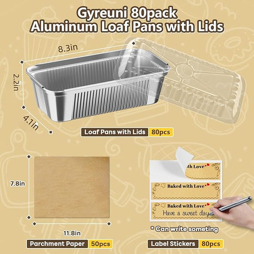 80 Pack Aluminum Loaf Pans with Lids Stickers and Parchment Paper Sheets,2.4Lb Heavy Duty Aluminum Foil Premium Bread Tins - 8.3" X 4.1" X 2.2" Disposable Baking Pans