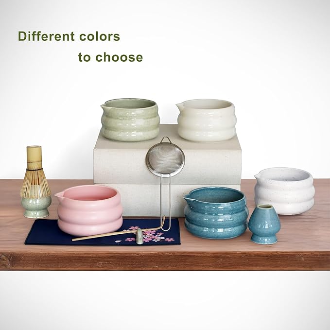 Blue Matcha Whisk Set, Ceramic Matcha Kit Set Valentine Gift Present Includes Matcha Bowl, Matcha Whisk and Holder, Bamboo Scoop, Scoop Rest, Sifter and Tea Towel - 7 Pcs Matcha Kit for Matcha Lovers