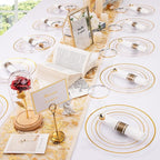 DaYammi 350PCS Clear Gold Plastic Dinnerware Set for 50 Guests Gold Plates Disposable Include: 50 Dinner Plates, 50 Dessert Plates,50 Pre Rolled Napkins with Gold Silverware,50 Cups for Party Wedding