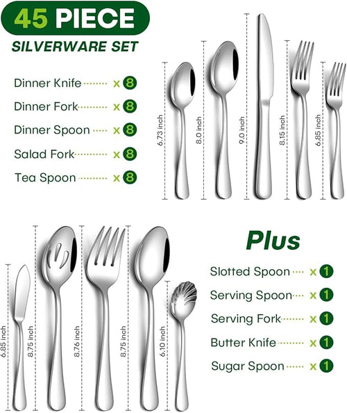 45 Piece Silverware Set with Serving Utensils, Stainless Steel Flatware Set for 8 Food Grade Novelty Flatware Cutlery Utensil Set Include Knife Fork Spoon Mirror Polished Dishwasher Safe