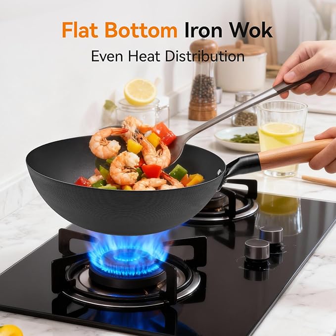 11.8 Inch Carbon Steel Wok, Flat Bottom Stir Fry Pan with Glass Lid, Uncoated High-Purity Iron Wok for Family Meals, Compatible with Gas, Electric & Induction Cooktops