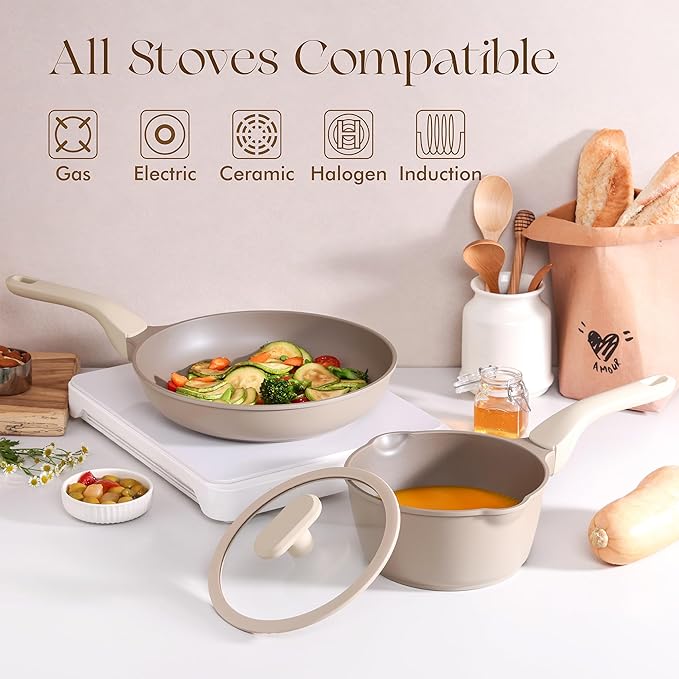 PRICUSIS Nonstick Frying Pan, 8/10/12 Inch Stain/Scratch/Crack Proof Chef Pan, Healthy Skillet, PFOA Free Omelet Pan, Dishwasher & Oven Safe, Induction Compatible (8-Inch, Natural Linen)