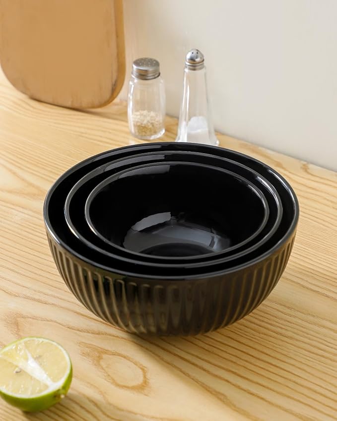 HASENSE Small Mixing Bowls of 3, Porcelain Ribbed Black Bowls 1.5/1/0.5 Qt For Kitchen, Cooking, Baking and Serving Prep Bowls for Salad, Pasta, Modern Kitchen Dish Dishwasher & Microwave Safe