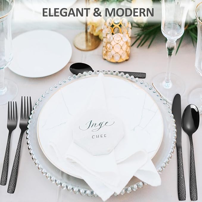 20 Piece Black Modern Flatware Set Hammered Silverware Set Stainless Steel Fine Vintage Dining Cutlery Utensil Set Forged with Hammered Handle Service for 4 Reusable Mirror Finish Dishwasher Safe