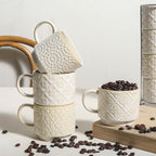6 Oz Coffee Cups Set of 4, Stackable Coffee Mugs with Stand, Ceramic Cappuccino Cup, Embossed Espresso Cups for Latte, Tea, Cocoa, Mocha, Housewarming Present, Dishwasher Safe