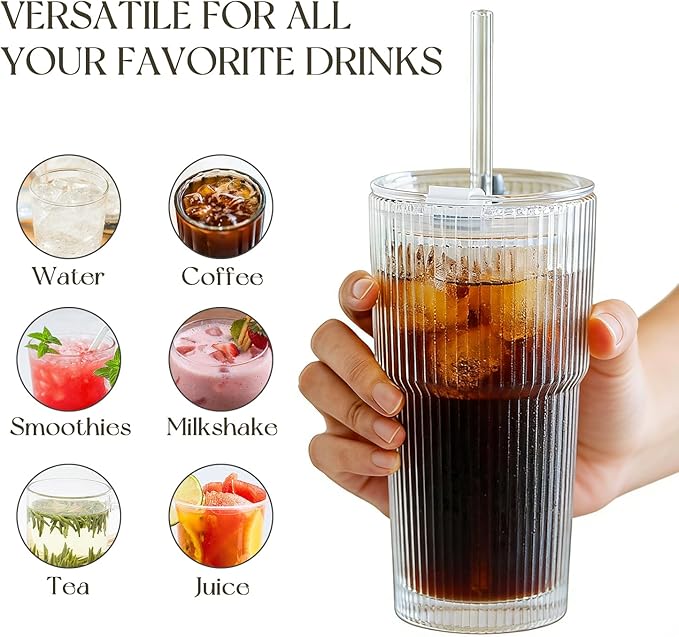 KEMORELA 6-Pack 20 oz Ribbed Glass Tumblers with Lids and Straws – Vintage Iced Coffee Cups, Reusable Smoothie & Cocktail Glasses, Durable Clear Glassware for Home, Cafe & Party Use