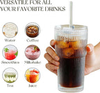 KEMORELA 6-Pack 20 oz Ribbed Glass Tumblers with Lids and Straws – Vintage Iced Coffee Cups, Reusable Smoothie & Cocktail Glasses, Durable Clear Glassware for Home, Cafe & Party Use