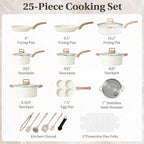 Sweetcrispy Pots and Pans Set, 25 Pcs Nonstick Cookware Set, Induction Kitchen Cooking Set, Non-Toxic Frying Pans & Saucepans (PFOA/PFOS Free) Beige