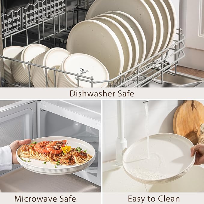 Ceramic Dinnerware Sets for 4-12 Piece Plates and Bowls Set, Microwave and Dishwasher Safe Stoneware, Ribbed Dishes and 22oz Bowls, Speckled White