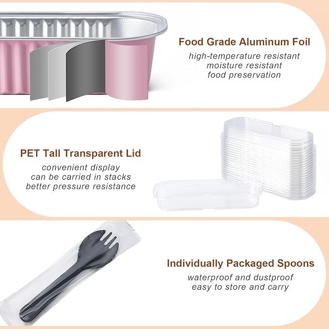25 Pack Mini Cake Pans with Lids and Spoons, Small Aluminum Foil Loaf Pans, Rectangular Baking Containers for Party and Picnics, 6.8oz (Pink)