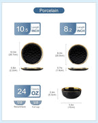 LOVECASA 12 Pieces Plates and Bowls Sets, Porcelain Black and Gold Dinnerware Sets, Round Dinner Plates Dishes Set Service for 4, Dishwasher Safe and Scratch Resistant, Black