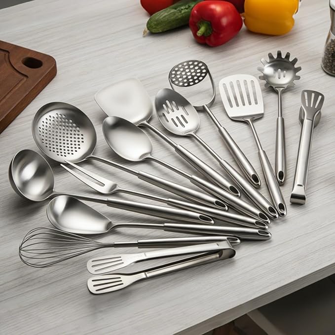 18/10 Stainless Steel Cooking Utensils Set, 13 PCS Long Large Metal Cooking Utensil Tools Set, Mirror Polished Kitchen Gadget Cookware and Kitchen Tool Set, Dishwasher Safe