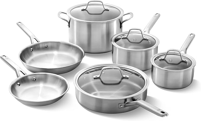 Calphalon Brushed 3-Ply Stainless Steel Cookware Set w/Turbo Heat Tech 10 Piece Includes Frying Pans, Pots and Pans Set, Induction, Oven Safe 450F, Brushed Stainless Silver