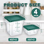 4 Pack 2QT & 4QT Food Storage Containers with Green Lids, Clear Square Restaurant Commercial Food Storage Containers with Handle and Scale, Marinating Container Dough Rising Bucket for Home & Dining