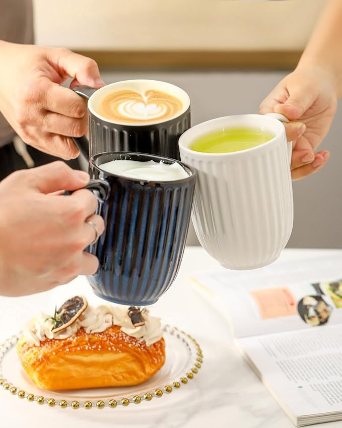 HASENSE 16 oz Ceramic Coffee Mugs Set of 4, Ribbed Navy Blue Coffee & Tea Cups, Dishwasher & Microwave Safe, Ideal for Housewarming & Wedding Gifts
