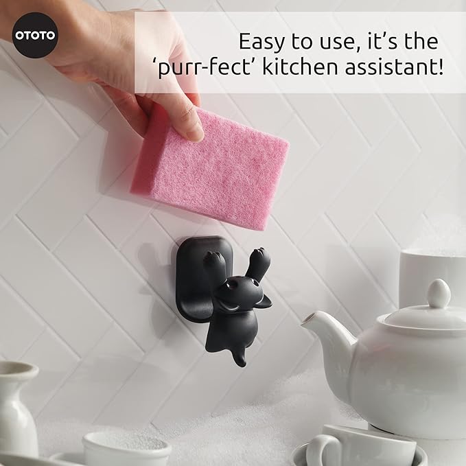 OTOTO Scrubby Cute Cat Sponge Holder for Kitchen Sink - Dishwasher Safe Dish Organizer- Compact, Cute Kitchen Accessories, Dish Sponge, White Elephant Gifts