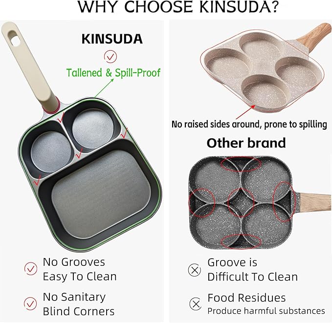 Titanium Nonstick Egg Pan 9.25" - 2 Round & 1 Square Compartments, PFOA/PTFE Free, Works on Gas/Induction/Electric Stovetops, Cooks Bacon, Pancakes & Eggs Simultaneously