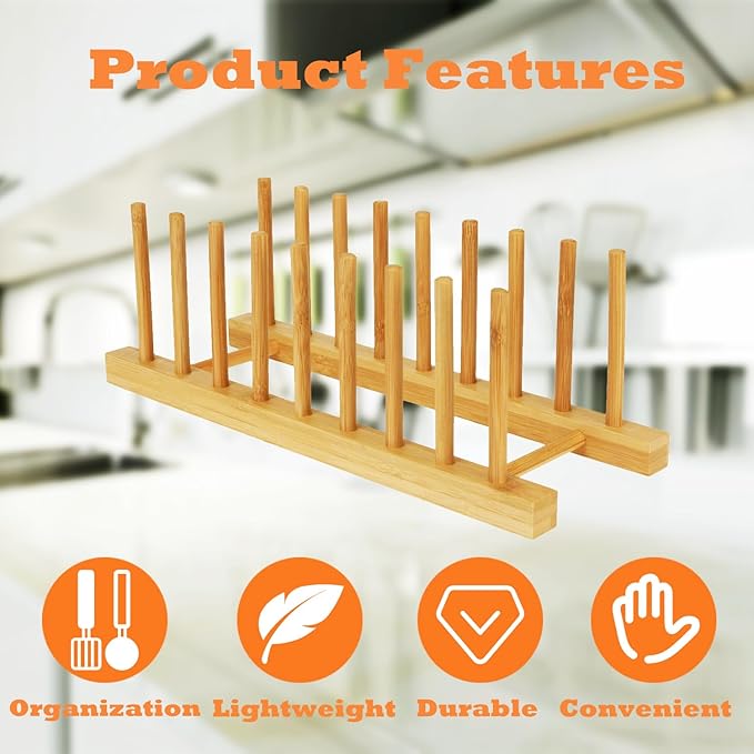 4 Pack Bamboo Wooden Dish Drying Rack, Plate Organizer for Cabinet, Plate Rack Pot Lid Holder for Dishs, Bowls, Cups, Cutting Boards and Books, Kitchen Cabinet Organizer