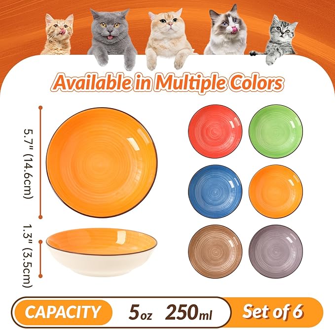 Colorful Ceramic Cat Bowls Set - Wide and Shallow Dishes for Food and Water - 6-Pack Cat Feeding Bowl Whisker-Friendly - Microwave and Dishwasher Safe - 5.7" x 1.3" - 5 oz