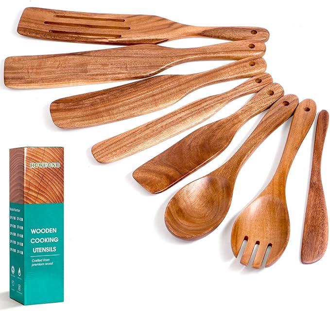Wooden Spatula Spurtle Set for Cooking, Acacia Wood Kitchen Utensils, Premium Handmade Spurtles for Nonstick Cookware, Heat Resistant, Smooth Finish, Comfortable Grip, 8 Piece