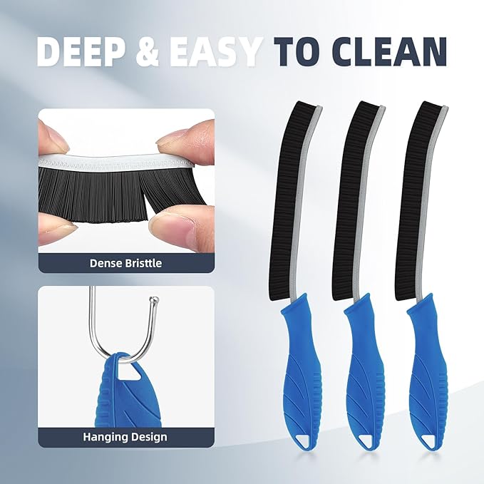 FOOGWEE Hard Bristle Crevice Cleaning Brush - Cleaning Supplies - Household Crevice Cleaning Tools - Multi-Purpose Crevice Brushes for Kitchen, Toilet, Window, Vehicle, Faucets, Grout (3, Dark Blue)
