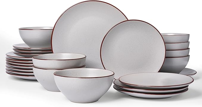 Famiware Venus Plates and Bowls Sets, 24 Pieces Stoneware Speckled Dishes Dinnerware Set for 8, Matte Light Gray - Microwave & Dishwasher Safe, Modern Minimalist, for Everyday Meals & Formal Dining