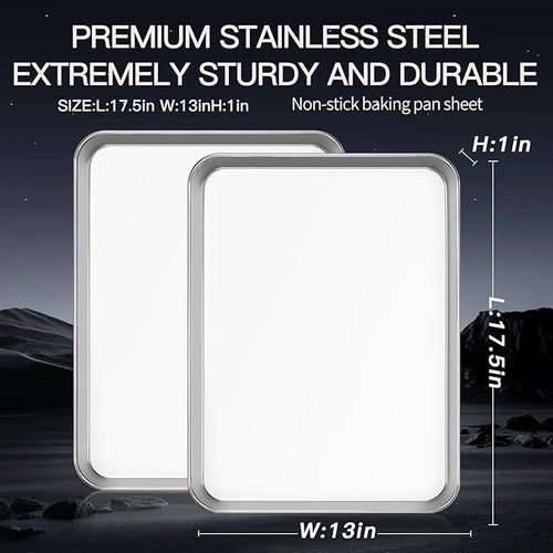 Baking Sheet Set of 2PCS, 18 inch Commercial Grade Stainless Steel Baking Pan, Professional Bakeware Oven Tray, Healthy & Non-toxic, Rust Free & Mirror Finish, Easy Clean & Dishwasher Safe