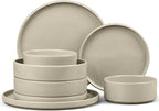 E-far 8-Piece Plates and Bowls Sets - Stoneware Dinnerware Sets with Pasta Bowls for 2 | Microwave & Dishwasher Safe Kitchen Modern Dish Set, Speckled Khaki