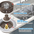 Upgraded 3in1 Kitchen Sink Drain Strainer & Sink Stopper, Stainless Steel Kitchen Drain Plug & Cover with Anti-Clogging Basket Strainer, Fit US Standard 3-1/2'' Sink Drain Hole, Brown
