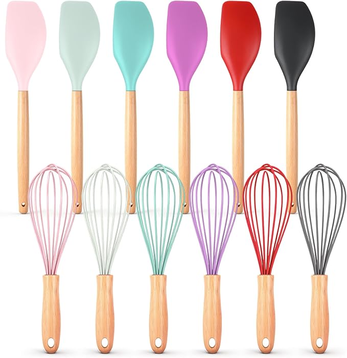 12 Pcs Small Silicone Whisks and Spatulas with Wooden Handle for Cooking 10 Inch Mini Whisk Spatula Non Stick Kitchen Baking Essentials Cookware for Valentines Day Party Favor Gift Supplies