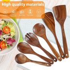 12Pcs Teak Spoons Set Sturdy Cooking Utensils Set with Hanging Hole Wooden Spoons Wood Spatula Spoon Comfortable Grip Colander Fork Set for Kitchen Cooking