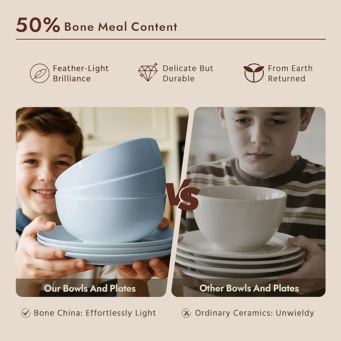 KINGSTONE 12-Piece Bone China Dinnerware Set for 4, Lightweight Porcelain Round Plates and Bowls Set, Durable Scratch Resistant Ceramic Dinner Set, Microwave & Dishwasher Safe, Misty Blue