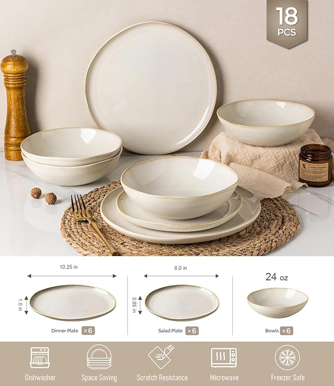 GBHOME Stoneware Dinnerware Sets for 6, 18 Pieces Rustic Ceramic Plates and Bowls Set, Handmade Reactive Glaze Plate Sets, Highly Chip Resistant Dishes, Microwave & Dishwasher Safe, Antique White