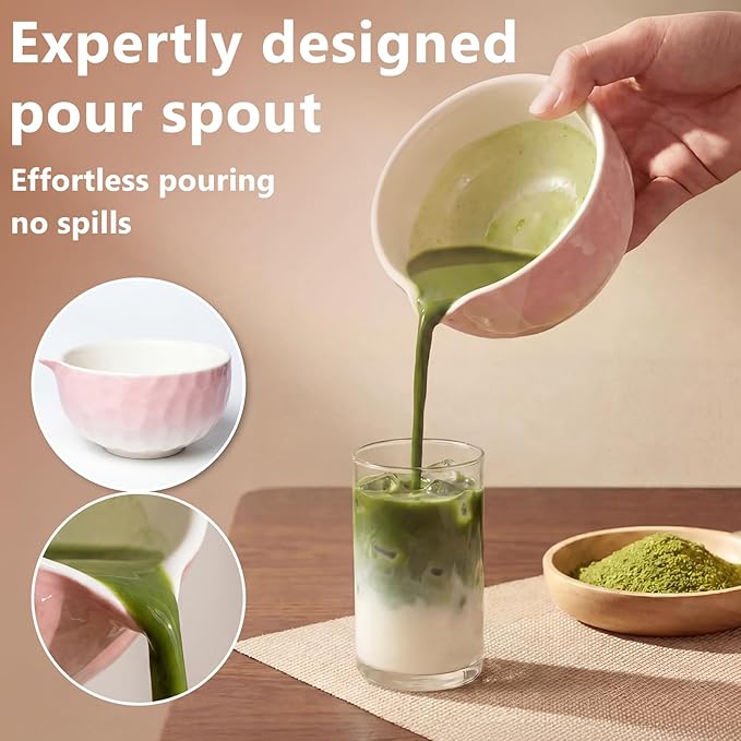 8 Pcs Matcha Whisk Set, Complete Ceramic Matcha Set Includes Bowl & Holder, Whisk, Scoop, Spoon, Tea Towel and Stainless Steel Sifter, Perfect Kit for Matcha Lovers (Pink)