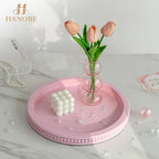 Hanobe Pink Tray Decorative Round: Beaded Perfume Trays Decor for Dresser Circle Vanity Makeup Serving Tray for Ottoman Coffee Table Bathroom Counter