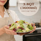 Extra Large 3.8QT Glass Salad Bowl Set, 3600ml Clear Serving Bowl with Acacia Wood Base & Wooden Utensils - Decorative Mixing Bowl for Kitchen, Party, Thanksgiving - Elegant Wooden Salad Bowl