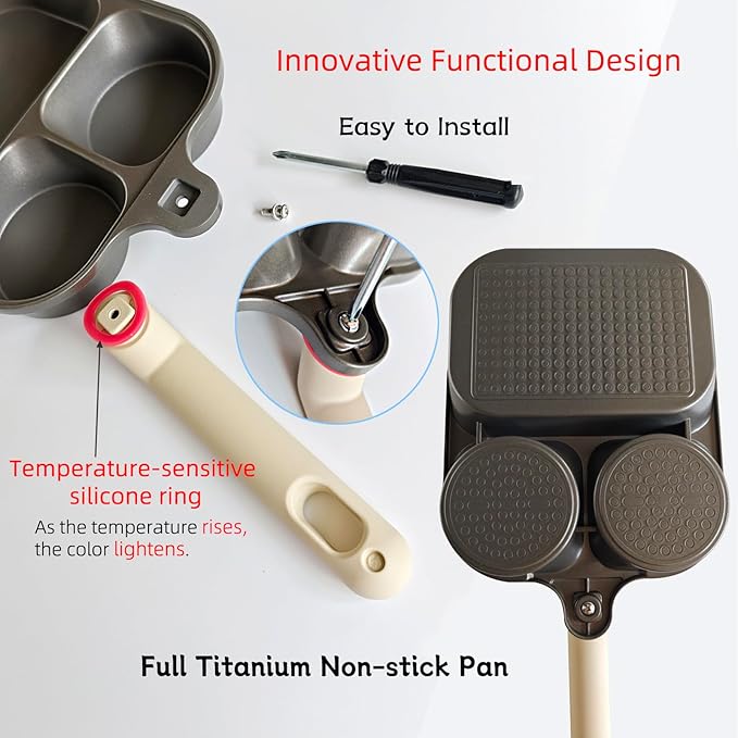 Titanium Nonstick Egg Pan 9.25" - 2 Round & 1 Square Compartments, PFOA/PTFE Free, Works on Gas/Induction/Electric Stovetops, Cooks Bacon, Pancakes & Eggs Simultaneously